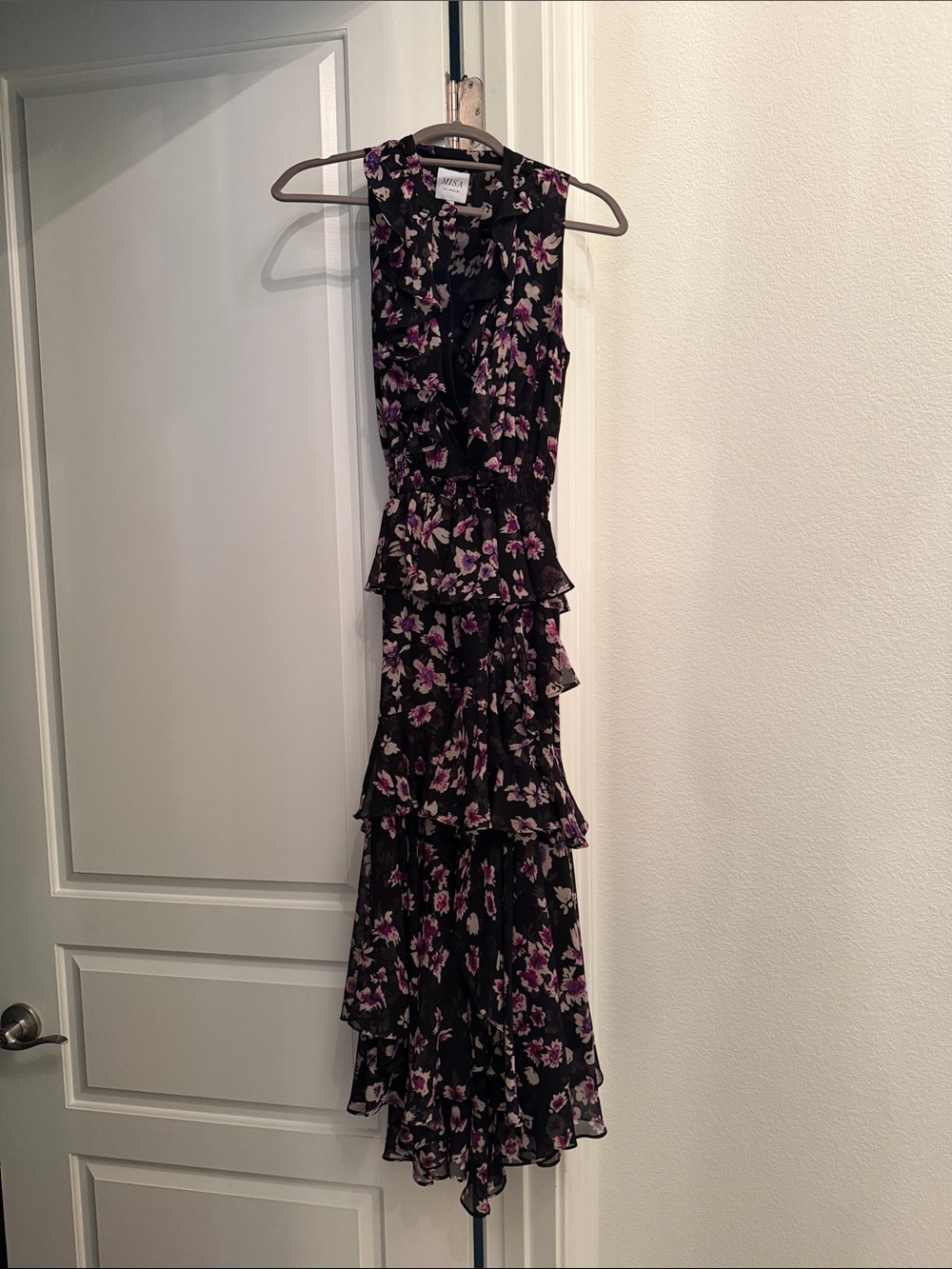 Misa Los Angeles Black Floral Ruffle Tiered Maxi Dress with Pink & Purple Print